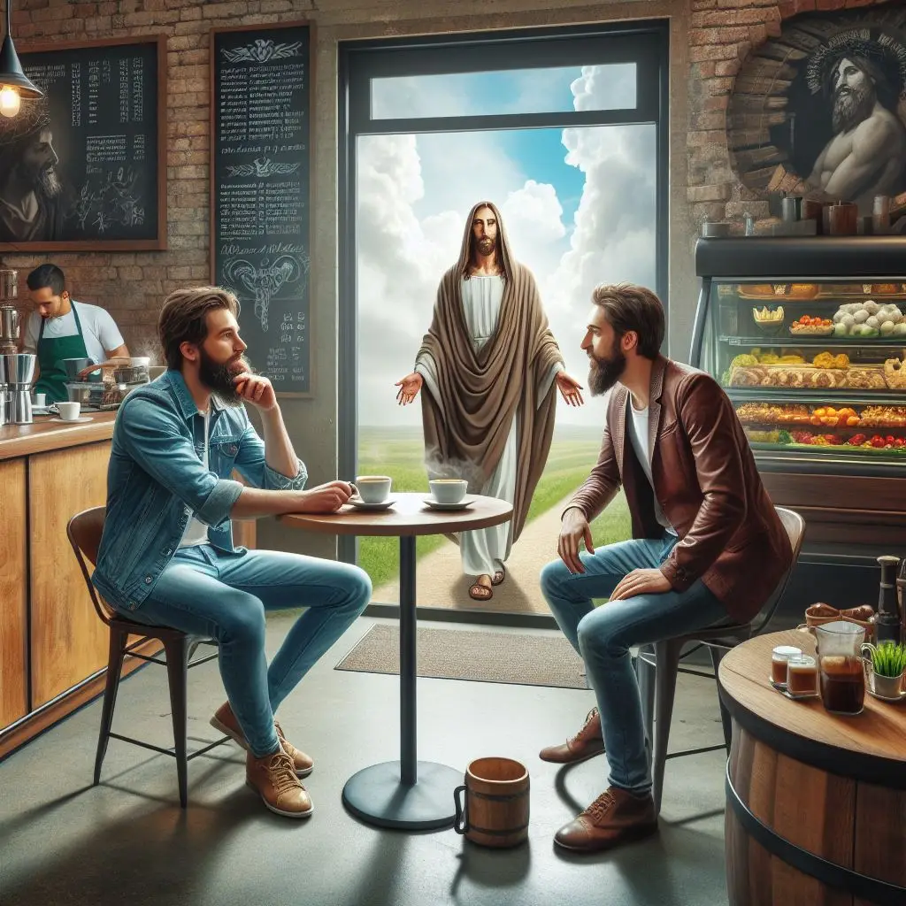I’ll adjust the scene to a modern coffee shop where the two men encounter the resurrected Jesus. The aroma of freshly brewed coffee mingles with the air as they engage in conversation, unaware of the divine presence among them. ☕🌟