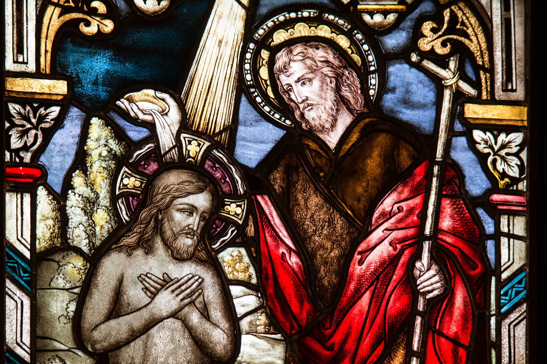 Baptism of Christ in a stained glass window